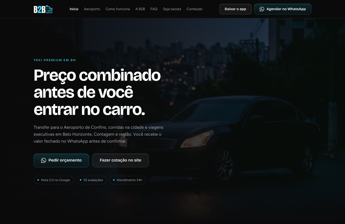 Página inicial do site b2btaxipremium.com.br, criado pela Link Software