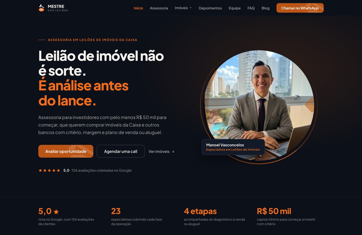 Página inicial do site mestredosleiloes.com, criado pela Link Software