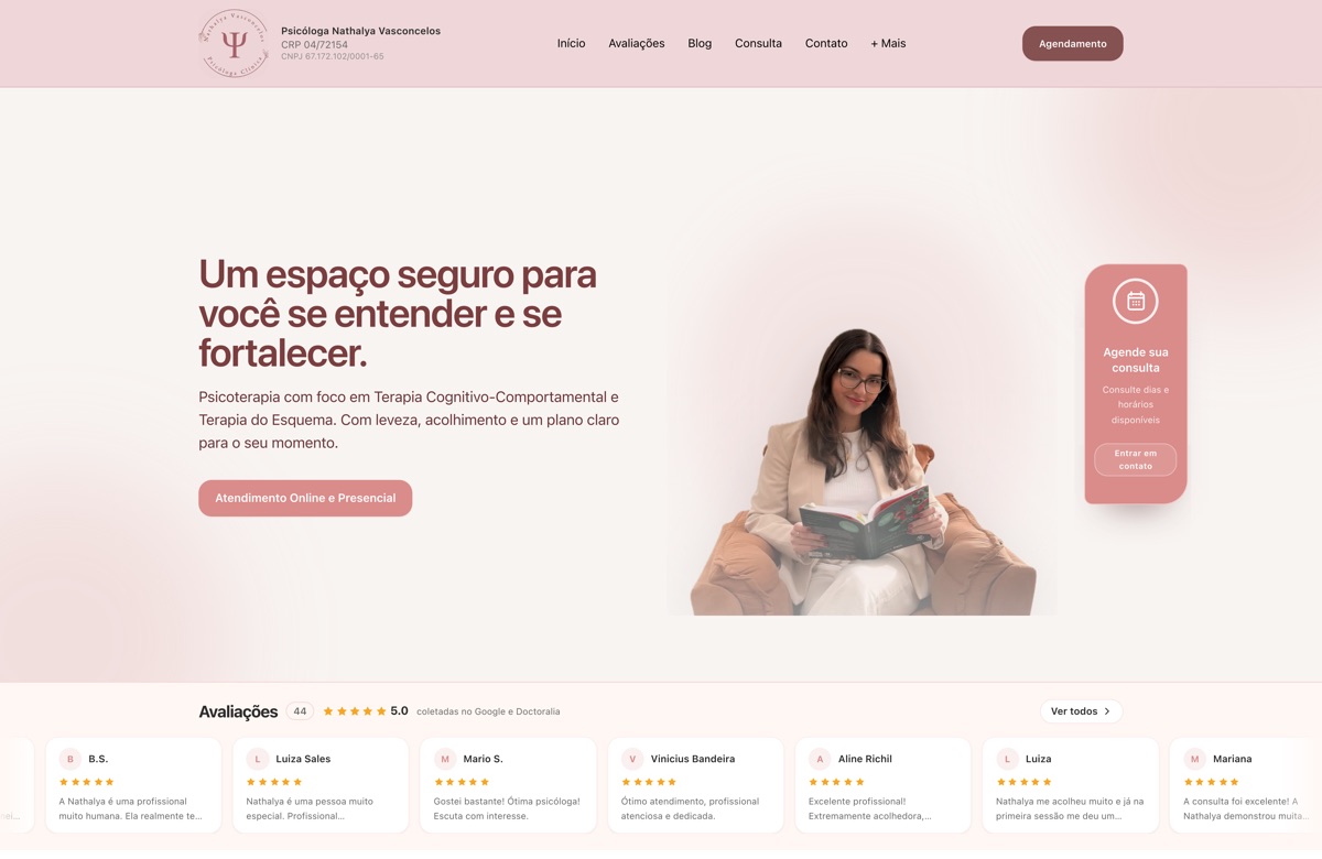 Página inicial do site psinathalyavasconcelos.com.br, criado pela Link Software